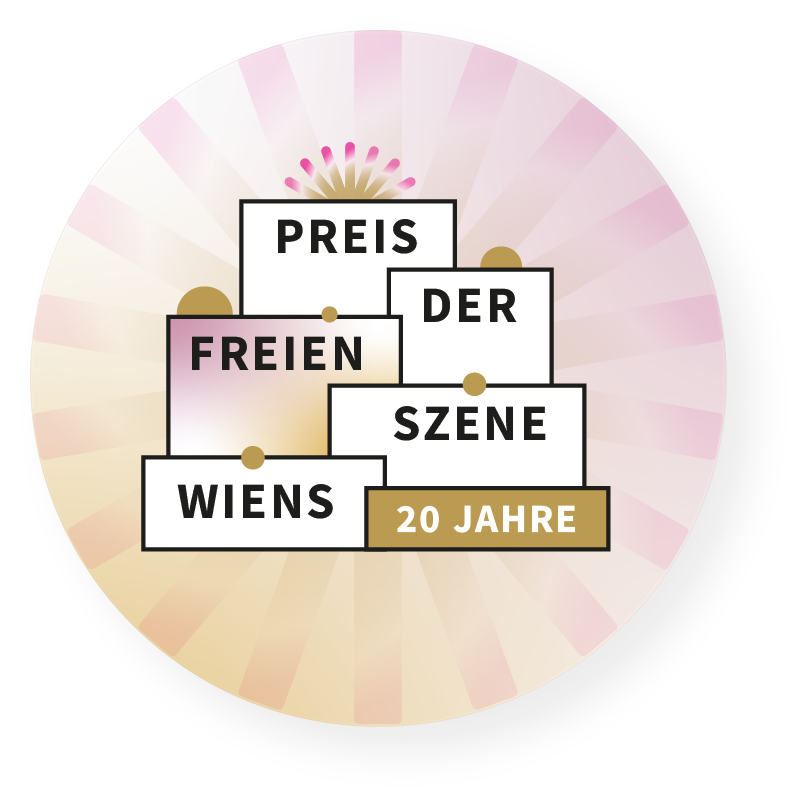 Logo des Preises der freien Szene Wiens 2024: Die Worte "Preis der freien Szene Wiens" und "20 Jahre" in jeweils einem eigenen Kastel, das Ganze so arangiert, dass es wie Torten aussieht.