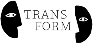 Logo mit Schriftzug TRANSFORM zwischen zwei Hälften eines stiisierten Gesichts