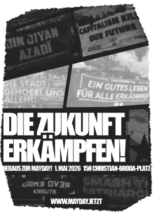 Aufrufbild mit dem Slogan „Die Zukunft erkämpfen“ und einer Collage aus Fotos von verschiedenen Demonstrationen
