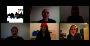 Screenshot der Videokonferenz zur Aufnahme der Sendung mit den Gesichtern aller Gesprächsteilnehmer*innen