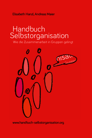 Cover des Handbuchs Selbstorganisation mit Buchtiitel und einer schemenhaften Zeichnung von Menschen