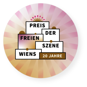 Kasteln, die so angeordnet sind, dass sie wie Torten aussehen. In den Kasteln steht jeweils ein Wort des Textes "Preis der freien Szene Wiens" und in einem Kastel steht: "20 Jahre"
