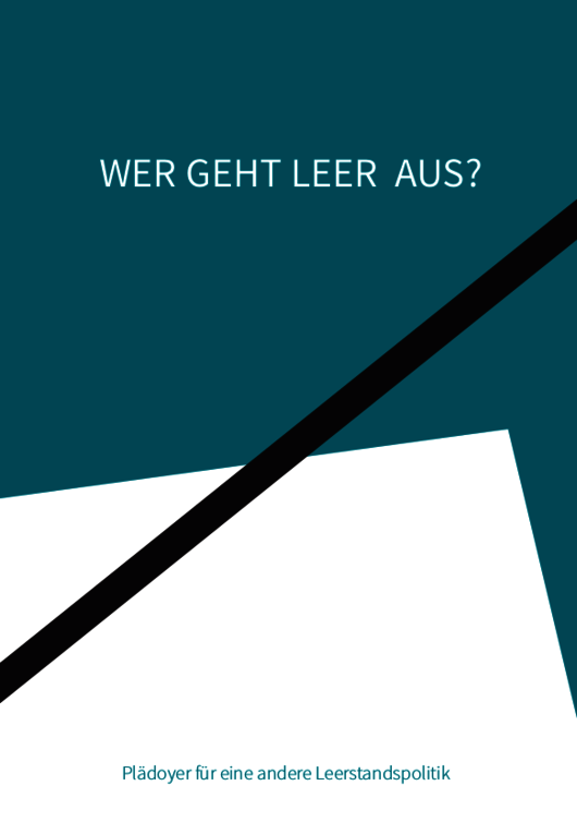 Buchcover mit Titel "Wer geht leer aus" einem weißen Viereck und einem schwarzen Strich (Link zu PDF)