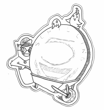 Zeichnung eines Monsters, das in einer Scheibtruhe eine übergroße 5-Schilling-Münze transportiert. Auf der Münze sitzen Vogerln.
