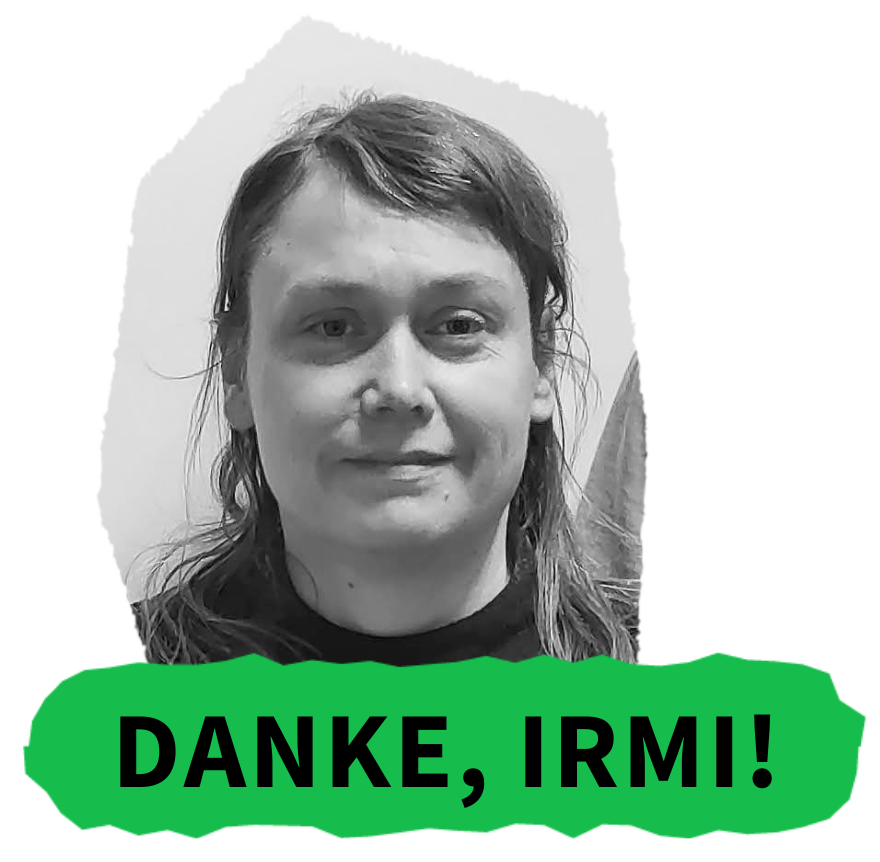 Foto von Irmgard Almer, darunter Text: Danke, Irmi!
