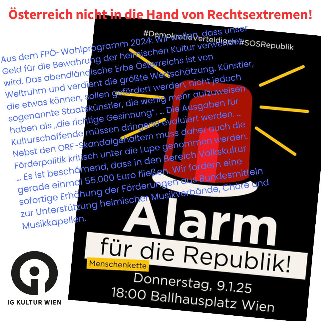 Text "Österreich nicht in die Hand von Rechtsextremen!", "Alarm für die Republik!", "Menschenkette, Donnerstag, 9.1.25, 18:00 Ballhausplatz Wien", ein Auszug aus dem FPÖ-Wahlprogramm 2024, Zeichnung eines roten Blinklichtes (Alarmlicht) und das Logo der IG Kultur Wien