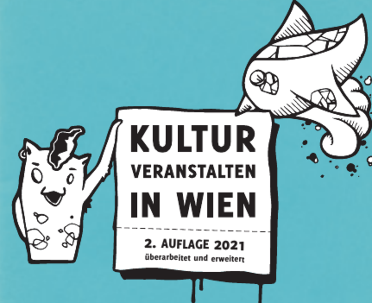 Ausschnitt aus unserer Veranstaltungsbroschüre mit Zeichnung eines Monsters und eines Vogerls, die ein Plakat mit dem Titel der Broschüre "Kultur veranstalten in Wien" halten