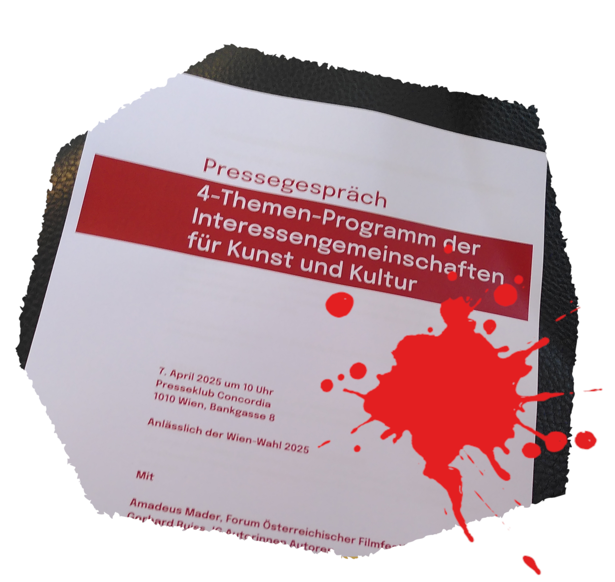 Das ausgedruckte 4-Themen-Programm der Interessengemeinschaften für Kunst und Kultur" mit einem Farbklecks.